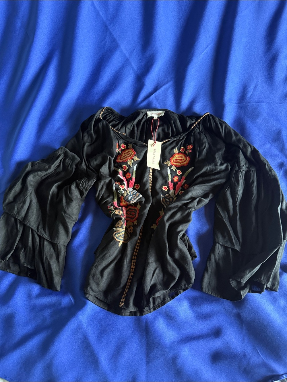 Solitaire Black Embroidered Bell-Sleeve Peasant Blouse